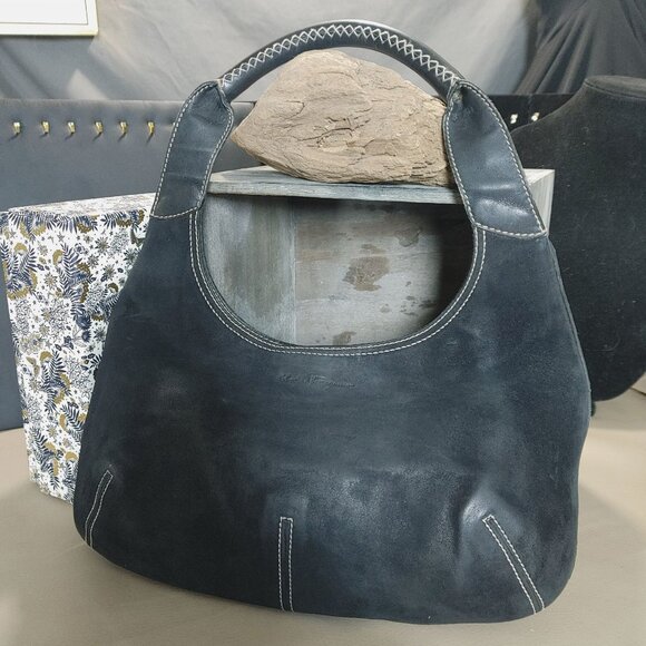 Salvatore Ferragamo Hobo Bag Black Leather Suede White Stitching Italy - Picture 3 of 16